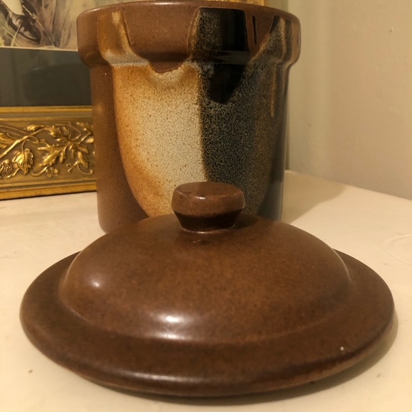 8037 Vintage Pottery Craft Jar with Lid Cocoa Brown Tan Black Knobbed Lid - Picture 7 of 13